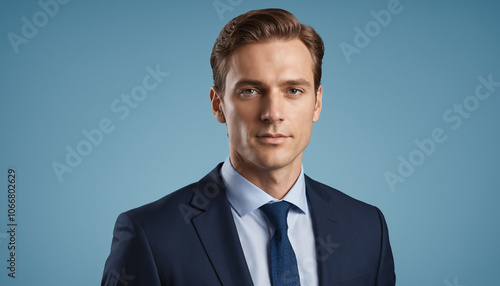 Portrait homme d'affaires souriant commercial travail business fond uni bleu professionnel.