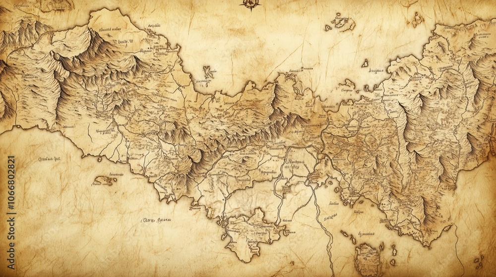 Obraz premium A detailed, vintage map on aged parchment showing mountainous regions, rivers, and towns, with intricate labels and a textured background, evoking themes of exploration and historical geography