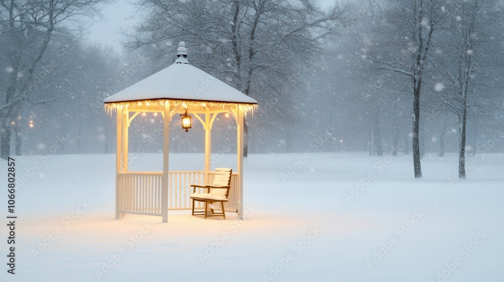 Decorated gazebo in snow filled park with warm light illuminating scene, creating cozy atmosphere amidst winter snowfall Decorated gazebo in snow filled park with warm light illuminating scene, creating cozy atmosphere amidst winter snowfall