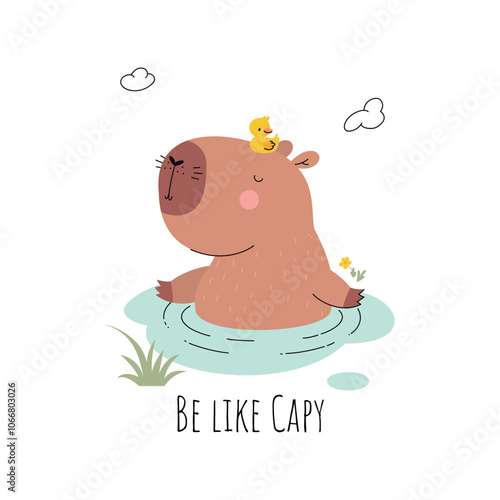 Funny capybara print. Cute rodent with mandarina duck on head sitting in water puddle. Childish mascot, wild exotic animal rest, nowaday vector character