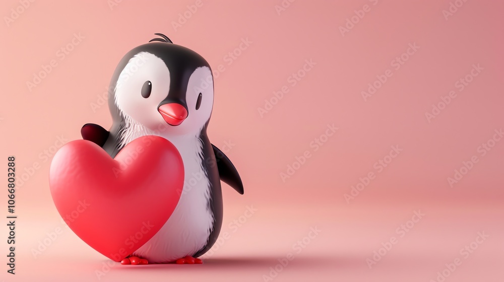Fototapeta premium A cute cartoon penguin is holding a red heart against a pink background.