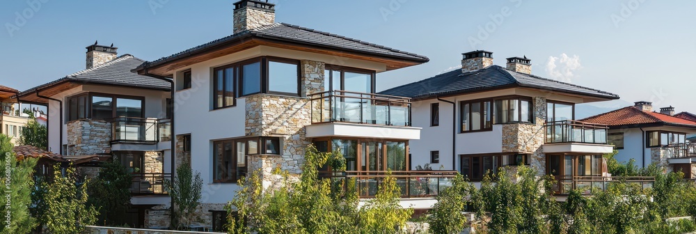 Modern architecture, slate roofs in new townhouses by the Bulgarian coast. Modern architecture, slate roofs in new townhouses by the Bulgarian coast.