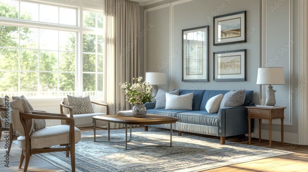 A Living Room with a Blue Sofa, Two Armchairs, and a Coffee Table A Living Room with a Blue Sofa, Two Armchairs, and a Coffee Table
