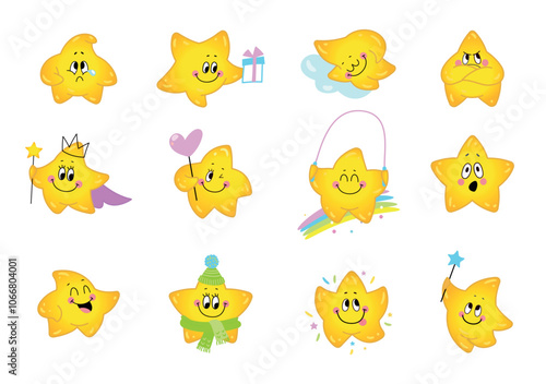 Cartoon funny stars. Cute yellow star various poses and emotions. Children mascots, kawaii characters smile cry surprised, nowaday vector set