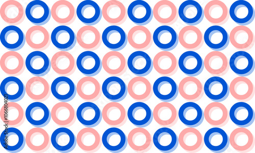 background with circles, Blue and pink polka dot on white background, design for fabric printing as repeat pattern, o ring, chessboard, checkerboard