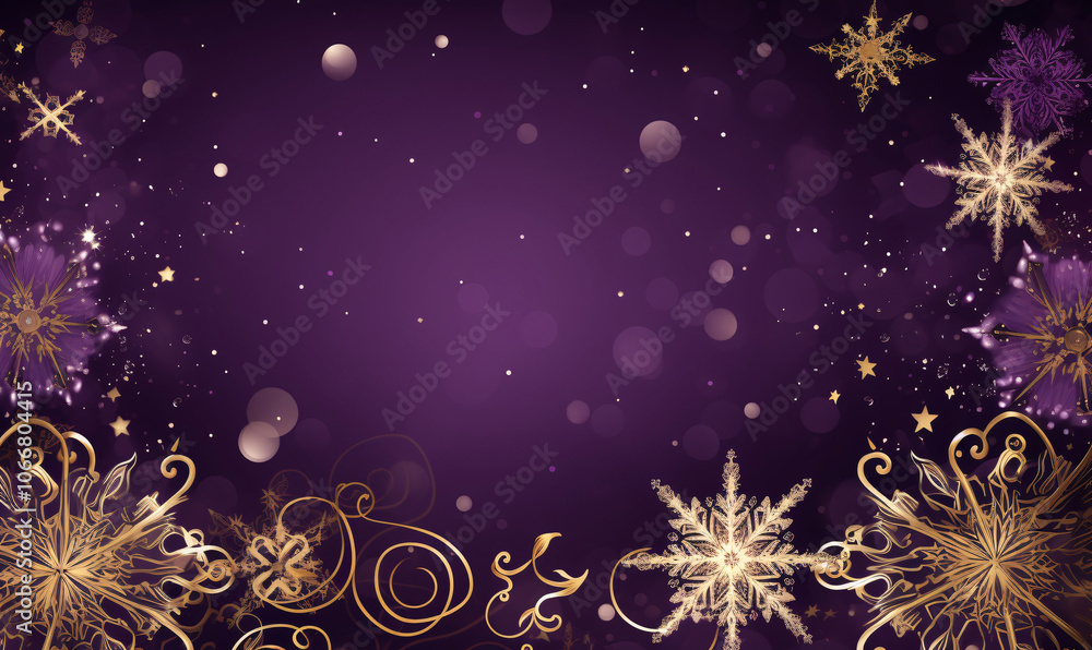 Copy space for text with a garland and golden snowflakes. Violet Christmas background. Design element for Christmas and New Year cards, banners. Copy space for text with a garland and golden snowflakes. Violet Christmas background. Design element for Christmas and New Year cards, banners.
