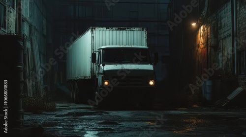 Large white truck in a dark setting