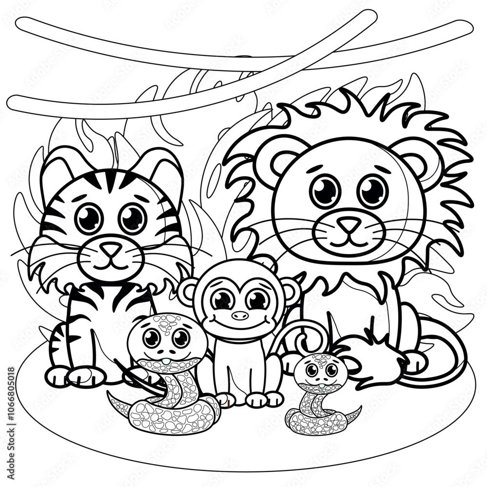 Fototapeta premium Coloring page for kids and adults. Mermaid colouring book. Cartoon cute animals including lion, tiger, monkey, snake.