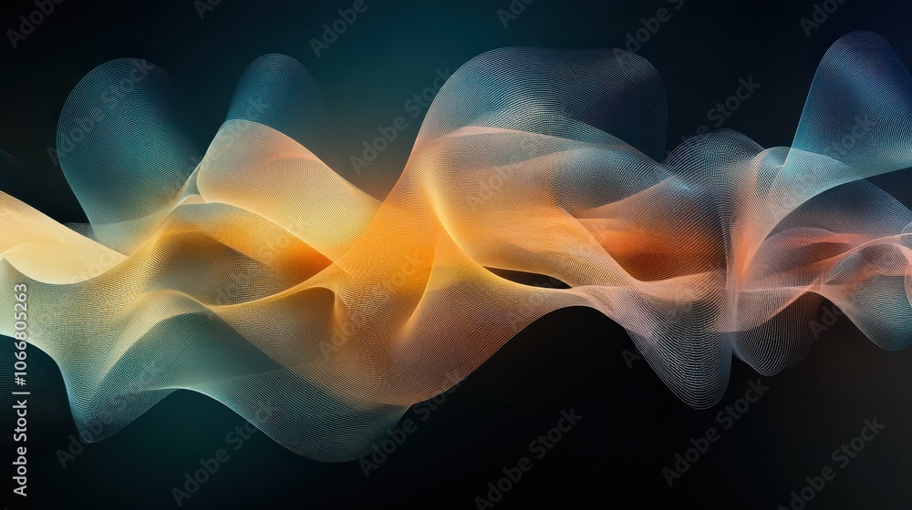 Fototapeta premium Abstract flowing waves in gradient hues of blue and orange on dark background, Ai Generation