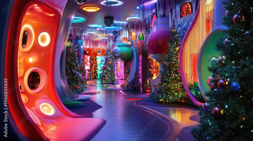 A vibrant Christmas celebration with unique, futuristic decorations and bright holiday colors A vibrant Christmas celebration with unique, futuristic decorations and bright holiday colors