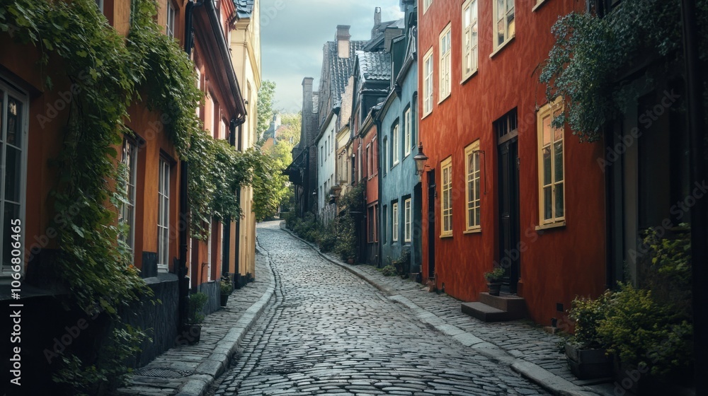 Fototapeta premium European cobblestone street with colorful buildings, perfect for cultural travel themes