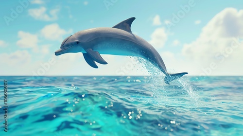 A dolphin leaps out of the water against a bright blue sky.