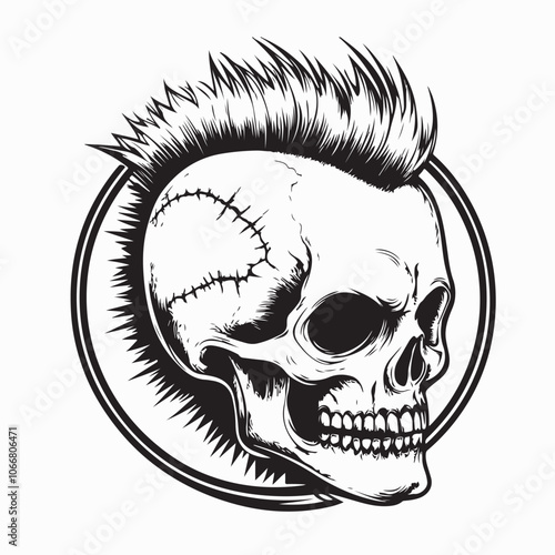 Skull punk with mohawk hair hand drawn isolated vector illustration on white background.