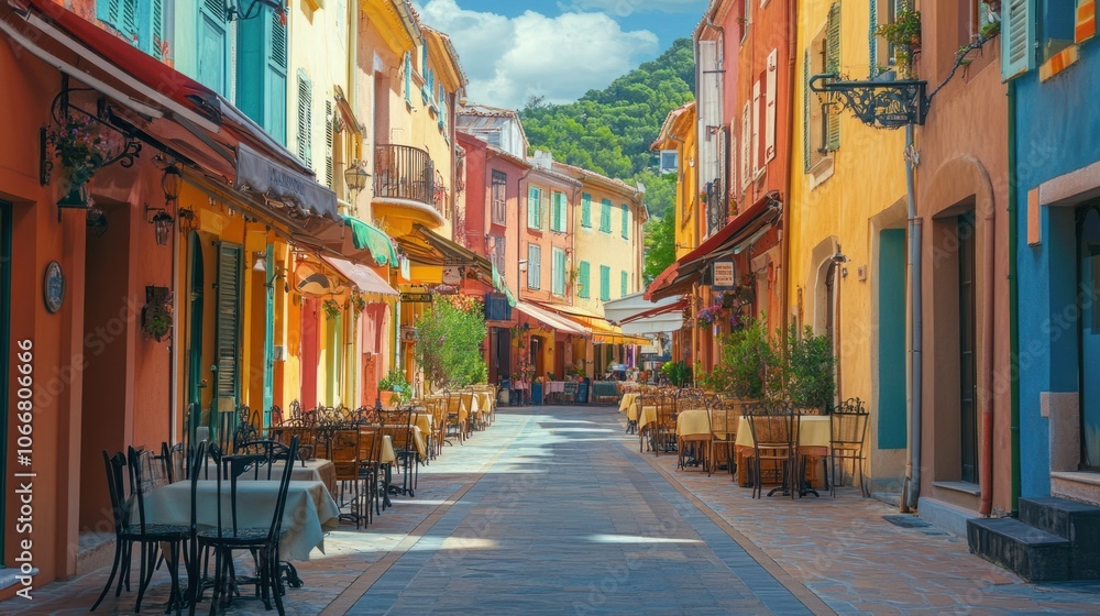 Obraz premium European-style street with outdoor cafes and colorful buildings, ideal for cultural travel themes