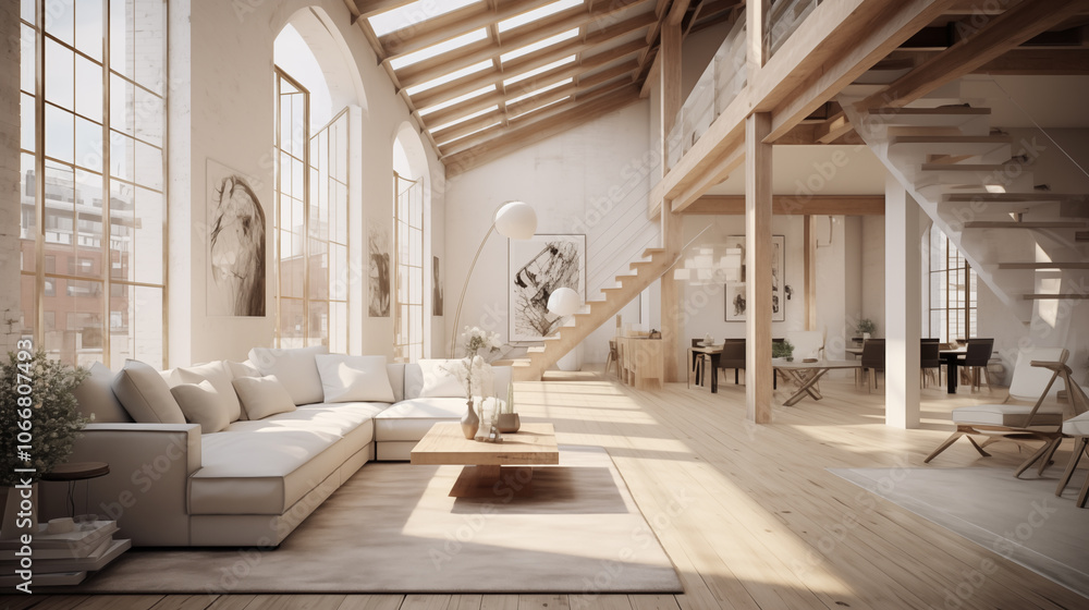 Obraz premium Modern, elegant and spacious home white interior with kitchen, dining room, sunlight. 