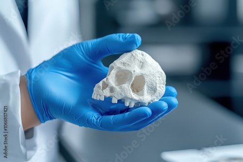 Close-up of a gloved hand holding a small skull model in a lab, symbolizing scientific research or anthropology study.