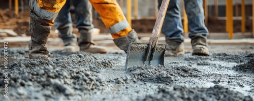 Pouring concrete foundation for a new building, ensuring a strong and durable base for future construction.