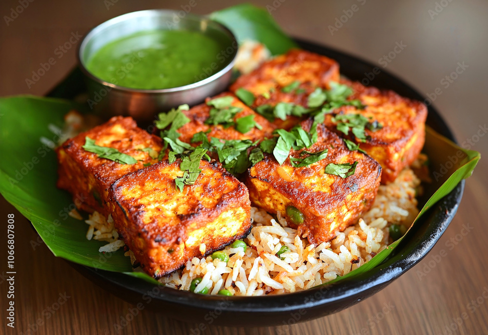 Paneer with rice placed in banana leaf. Paneer with rice placed in banana leaf.
