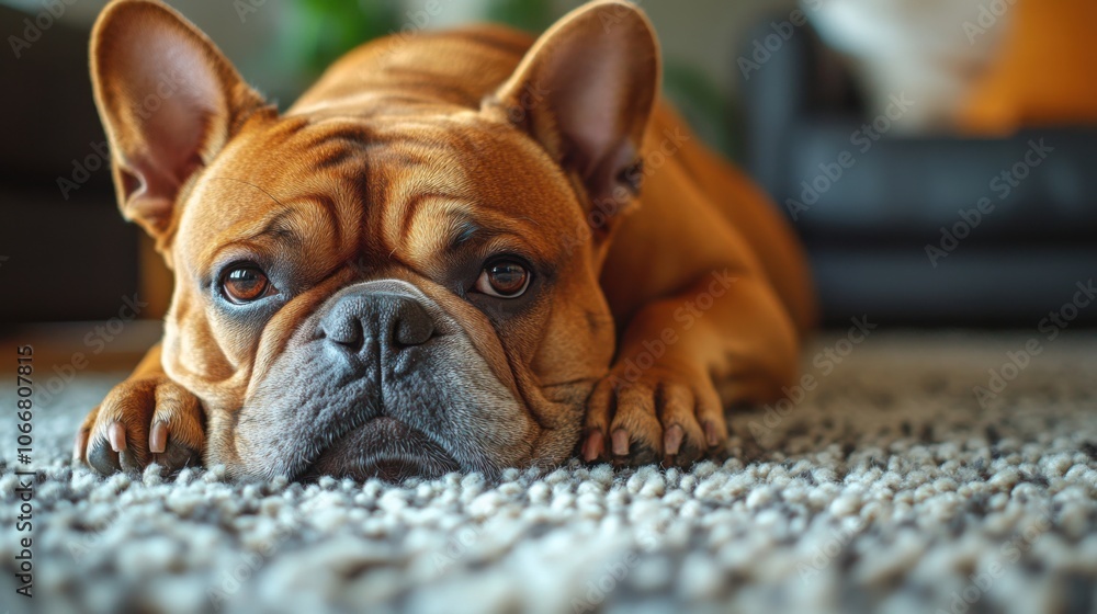 French bulldog lying on carpet, cute sad expression, adorable pet indoors, home setting, cozy living room, close-up face, dog relaxation, puppy eyes French bulldog lying on carpet, cute sad expression, adorable pet indoors, home setting, cozy living room, close-up face, dog relaxation, puppy eyes