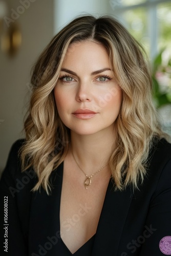 Professional woman with wavy hair looking confidently at the camera.