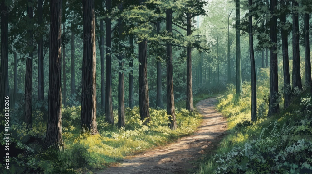 Forest trail winding through tall trees, representing hiking and nature travel experiences Forest trail winding through tall trees, representing hiking and nature travel experiences