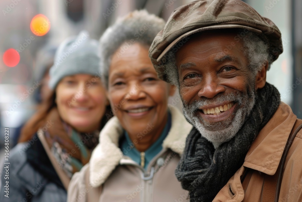 Portrait of smiling senior couple and their adult daughter in the street Portrait of smiling senior couple and their adult daughter in the street