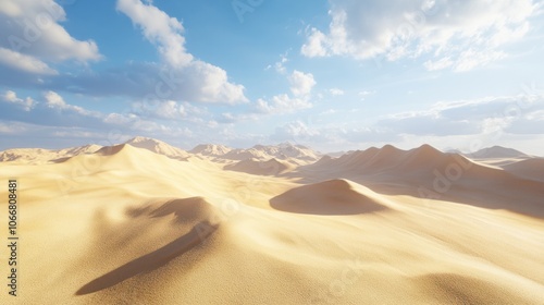 Golden sand dunes in a desert landscape under a blue sky, creating a warm travel vibe