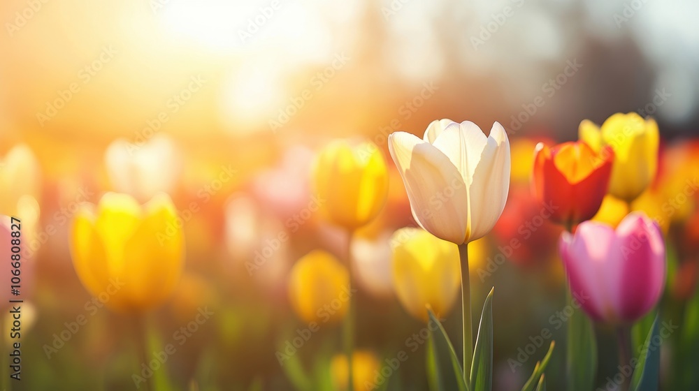 Tulips bloom brightly in a field, basking in the warm sunlight of spring, creating a stunning display of colors and life Tulips bloom brightly in a field, basking in the warm sunlight of spring, creating a stunning display of colors and life
