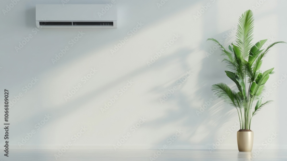 A modern air conditioner is installed above vibrant indoor plants, creating a fresh atmosphere in a stylish, well-lit space A modern air conditioner is installed above vibrant indoor plants, creating a fresh atmosphere in a stylish, well-lit space