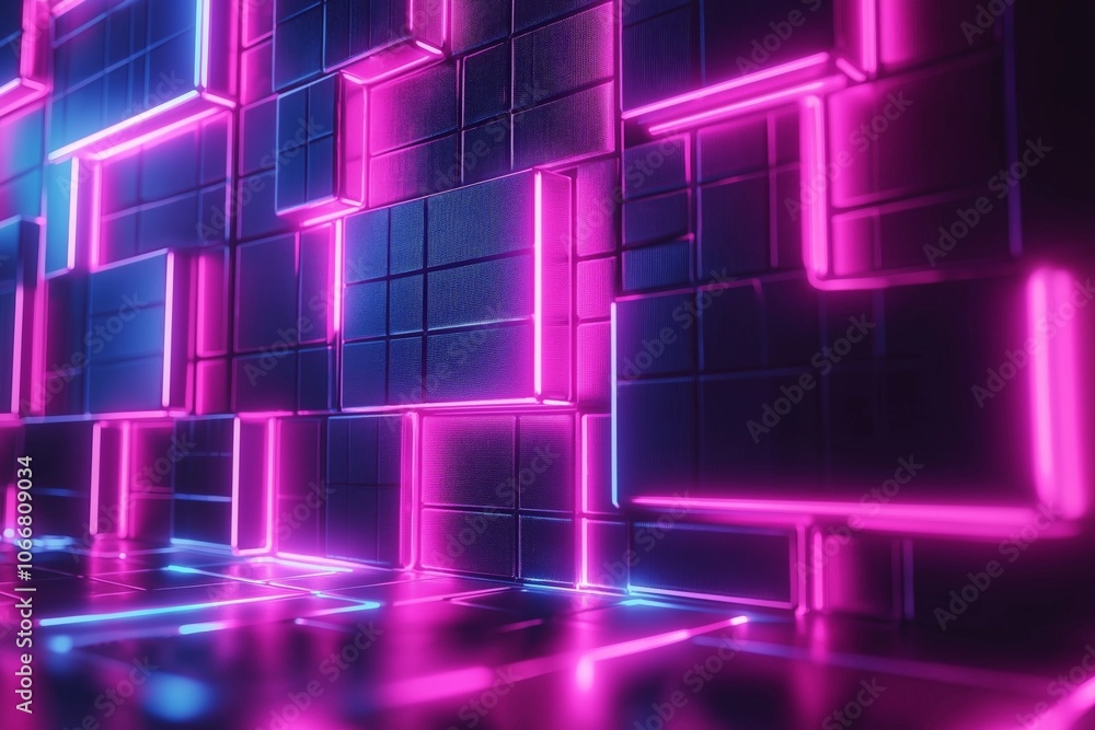 A vibrant neon wall design featuring a grid of squares illuminated with pink and blue lights, creating a retro-futuristic aesthetic reminiscent of 80s synthwave and cyberpunk styles A vibrant neon wall design featuring a grid of squares illuminated with pink and blue lights, creating a retro-futuristic aesthetic reminiscent of 80s synthwave and cyberpunk styles