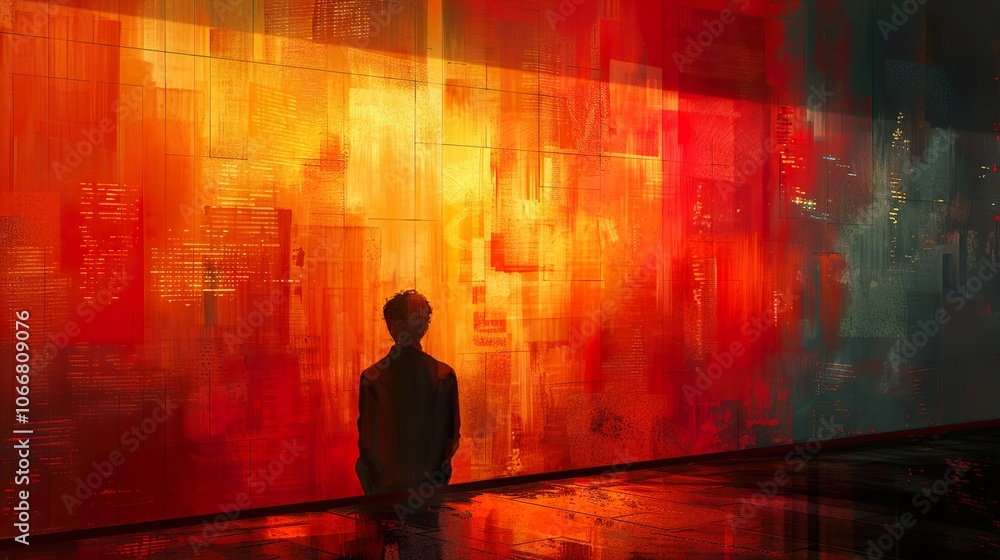 Silhouette of a Person Gazing at a Cityscape with Red and Orange Lights Silhouette of a Person Gazing at a Cityscape with Red and Orange Lights