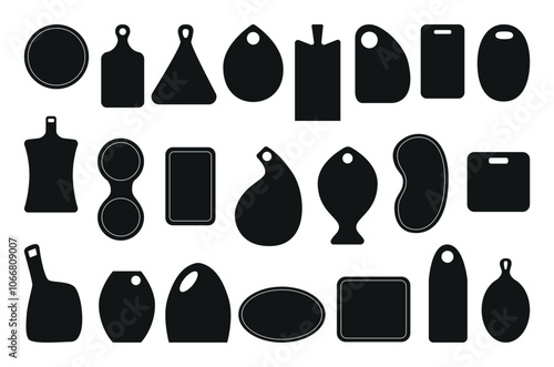 Cutting boards black silhouettes. Kitchen equipment for cut food products and serving. Different board shapes for logo, badges neoteric vector set