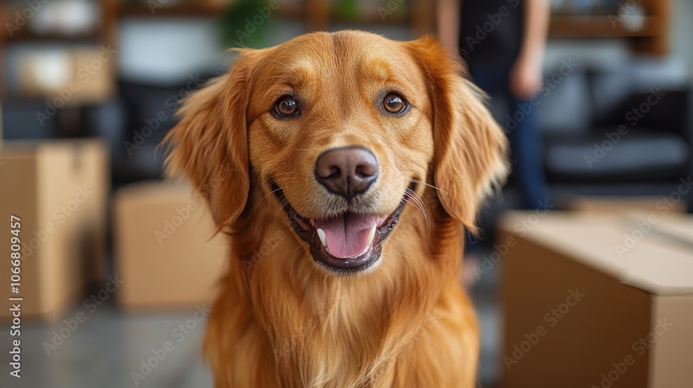 Happy golden retriever dog smiling indoors, close-up of cheerful pet face in home environment, playful and friendly canine companion, family pet, adorable expression Happy golden retriever dog smiling indoors, close-up of cheerful pet face in home environment, playful and friendly canine companion, family pet, adorable expression
