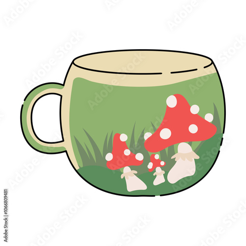 Vector cup with mushroom print. Fly agaricin vector.