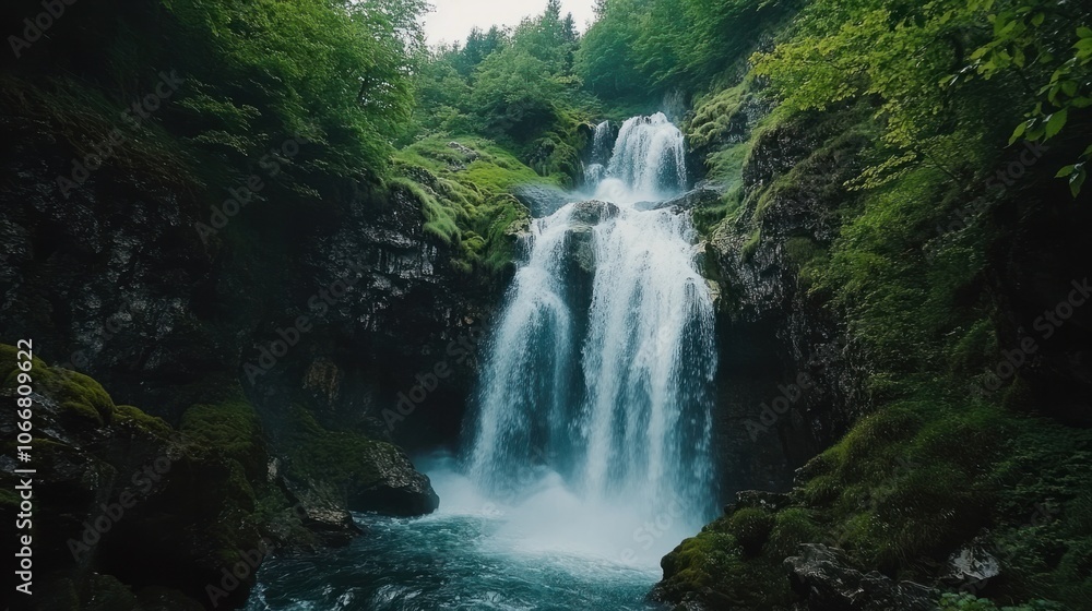 Majestic waterfall in a lush green forest, showcasing natural beauty for travel inspiration Majestic waterfall in a lush green forest, showcasing natural beauty for travel inspiration