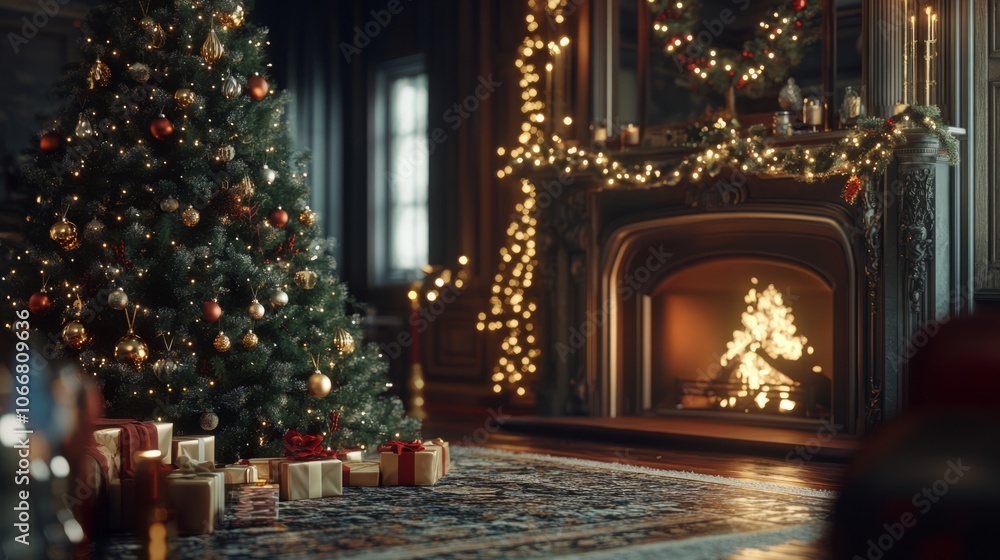 Fototapeta premium Cozy Christmas living room with fireplace, decorated tree, and wrapped gifts