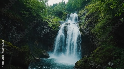 Majestic waterfall in a lush green forest, showcasing natural beauty for travel inspiration