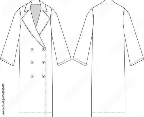 collared double breasted buttoned long bell kimono sleeves long jacket coat outerwear overcoat trenchcoat template technical drawing flat sketch cad mockup fashion woman design style model 
