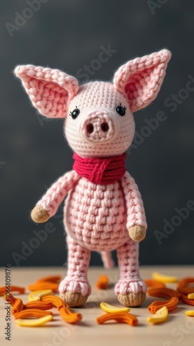 A pink crocheted pig wearing a red scarf stands on a wooden surface surrounded by orange and yellow pasta shapes