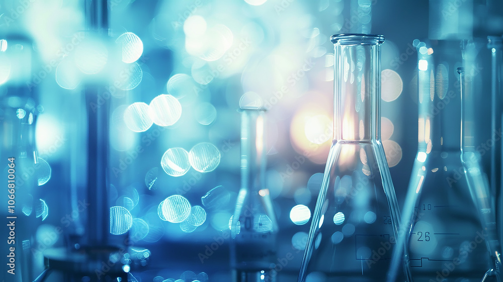 Blue chemistry abstract background, copy background space with ampoules for chemical scientific experiments