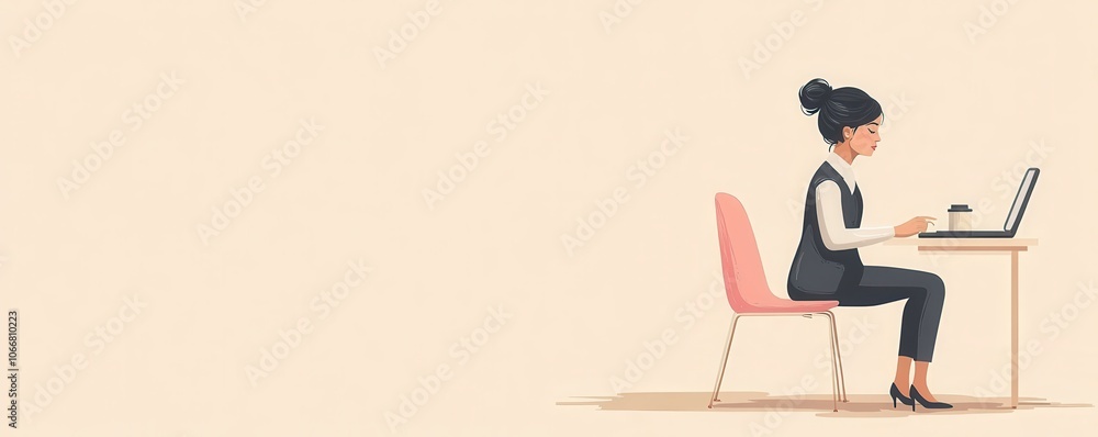 Minimalist flat illustration of a woman working on her laptop at a desk, capturing focus and concentration in a modern setting Minimalist flat illustration of a woman working on her laptop at a desk, capturing focus and concentration in a modern setting