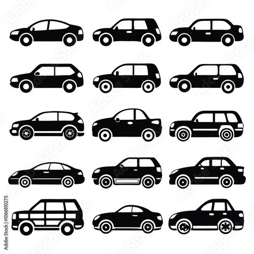 front and side view car icons line and silhouette
