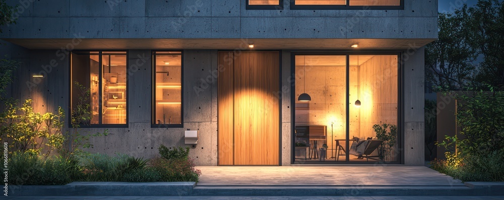 Modern home at night with a bisque door and wooden window frames.
