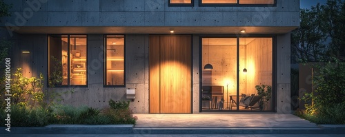 Obraz na płótnie Modern home at night with a bisque door and wooden window frames. w salonie