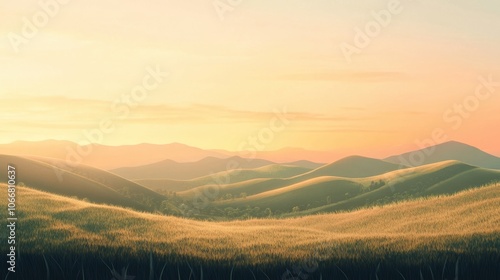 Rolling hills and countryside under a soft sunset, creating a peaceful travel background