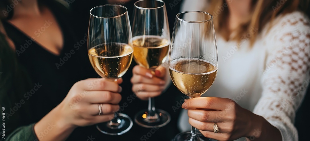 Three individuals toast with sparkling wine in elegant glasses, celebrating a special moment together. Three individuals toast with sparkling wine in elegant glasses, celebrating a special moment together.