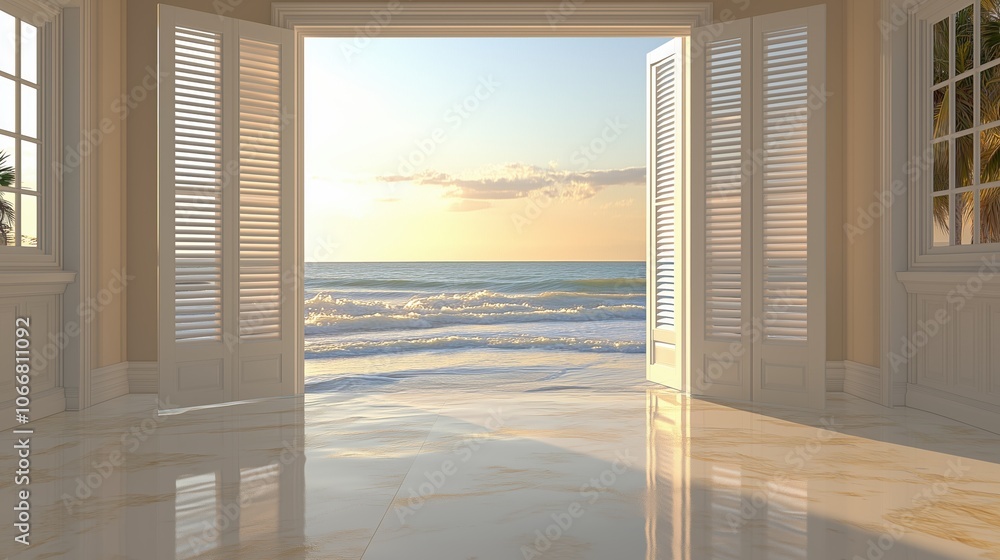 Luxurious room with open doors facing the ocean, filled with natural light reflecting on polished floors. Luxurious room with open doors facing the ocean, filled with natural light reflecting on polished floors.