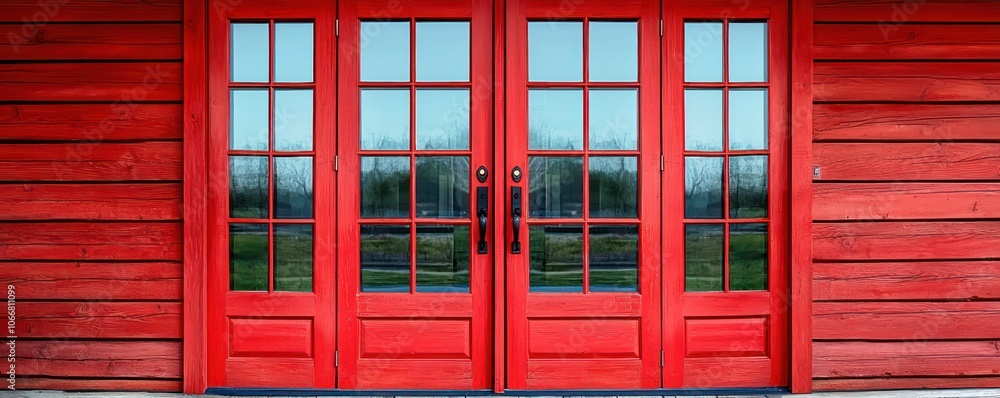 Obraz premium Angled view of vibrant red double doors with reflective glass for real estate.