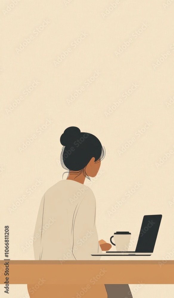 Minimalist flat illustration of an individual working on a laptop at a desk with a coffee cup, capturing a serene and focused atmosphere Minimalist flat illustration of an individual working on a laptop at a desk with a coffee cup, capturing a serene and focused atmosphere