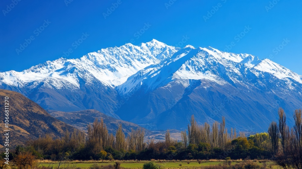 Fototapeta premium Snow-capped mountains under a clear blue sky, perfect for winter travel background themes